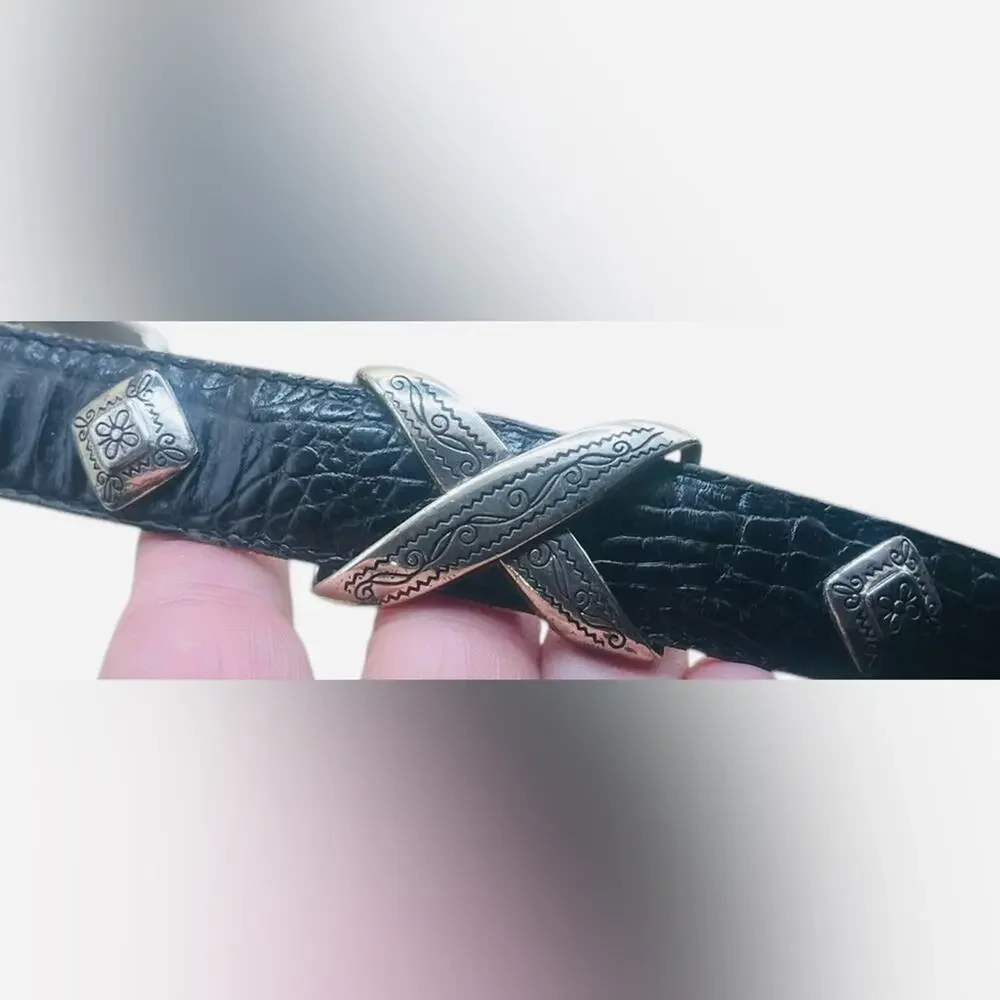 Vintage Brighton Silver & Black Croco Textured Belt with Silver Xs & Medallions